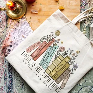 Bolso tote de lona con estampado de libros y flores, bolso de hombro literario.
