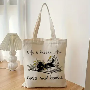 Detalle del bolso de lona con estampado de gato negro y libros, tela resistente y estilo único.