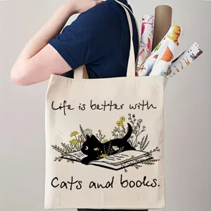 Mujer Casual Lona Bolso Tote Lindo Gato Libro Estampado Bolso de Mano Gran Capacidad Shopper Bolso Diario Bandolera