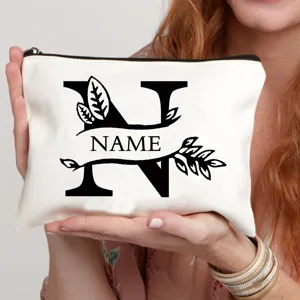 Gepersonaliseerde vintage letter canvas make-up tas, stijlvolle clutch met rits voor dames.