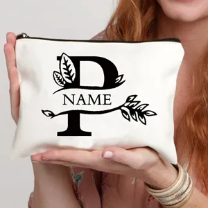 Gepersonaliseerd canvas cosmetisch tasje met letter P en bladontwerp voor dagelijks gebruik.