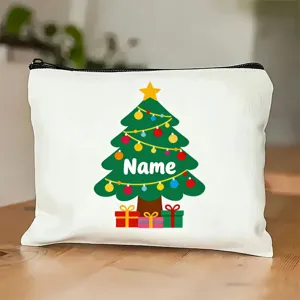 Vue détaillée de la trousse de maquillage de Noël personnalisée avec nom, cadeau festif.