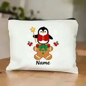 Jolie trousse de maquillage personnalisée pingouin de Noël en toile avec fermeture éclair