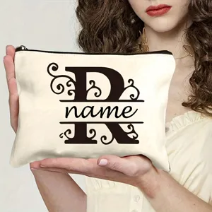 Trousse de maquillage personnalisée en toile avec fermeture éclair et lettre monogramme