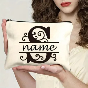 Trousse de maquillage en toile personnalisée avec lettre S et nom, pochette zippée portable.