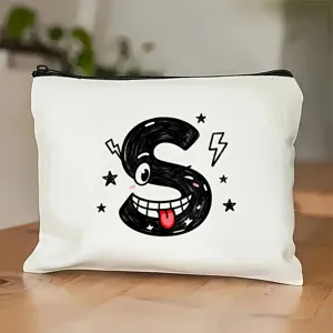 Canvas make-up tas met rits en schattige letter S print stijlvolle opbergtas voor dagelijks.