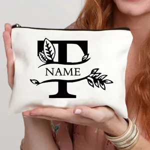 Gepersonaliseerde canvas cosmetische tas met vintage letter, stijlvol etui met rits.
