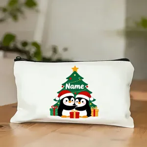 Trousse de maquillage et trousse à crayons en toile pingouin de Noël personnalisée.