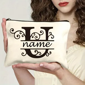 Sac de maquillage en toile personnalise avec un design monogramme lettre U vintage.