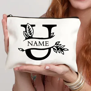 Canvas make-up tas met retro letter U en aangepaste naamopdruk voor dagelijks gebruik.