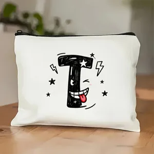 Cosmetische tas bedrukt met alfabet en schattig cartoon letter design en handige rits.