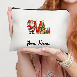 Personalisierte Weihnachtsmann Buchstabe V Kosmetiktasche aus Leinen, ideales Urlaubsgeschenk.