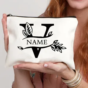 Gepersonaliseerde canvas cosmetische tas met vintage letter V en bladeren, trendy etui.