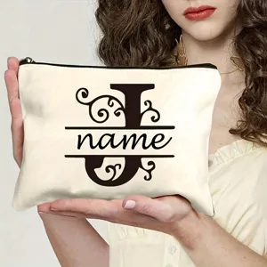 Sac de maquillage en toile personnalise avec lettre portable fermeture eclair trousse.