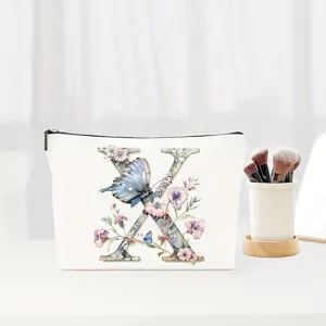 Floral letter X cosmetic bag canvas makeup pouch for women elegant travel storage organizer