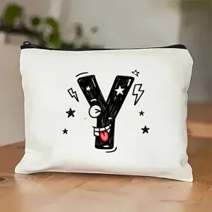 Witte canvas cosmetische tas met grappige letter Y print, draagbare etui met ritssluiting.