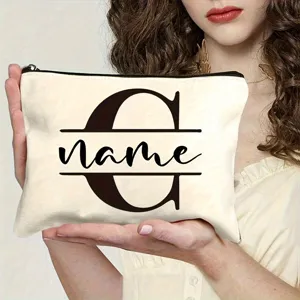 Detail view of custom canvas makeup bag featuring personalized monogram letter and zipper design.