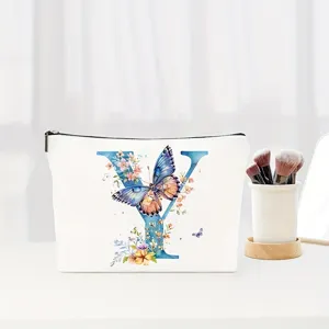 Watercolor letter Y butterfly cosmetic bag, cute floral makeup pouch for women and girls.