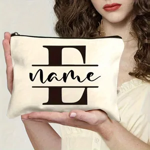 Custom monogram canvas makeup bag with zipper, personalized letter cosmetic pouch for women.