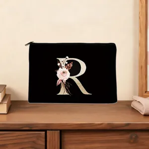Custom letter floral clutch bag, black cosmetic pouch with gold R letter print for women.