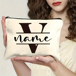 Custom monogram canvas makeup bag with zipper, personalized name cosmetic pouch for travel.