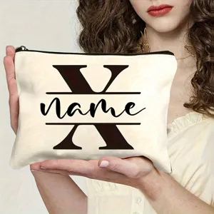 Personalized letter canvas cosmetic bag portable zipper clutch travel pouch detail view