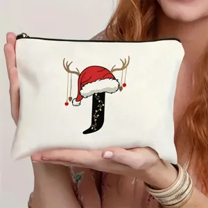 Weihnachten Initialen Canvas Kosmetiktasche mit Weihnachtsmannmütze, festliche Make-up Tasche.