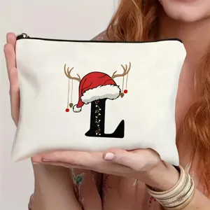 Weihnachtsinitialen Buchstaben Canvas Kosmetiktasche mit süßem Weihnachtsmannmütze Design.
