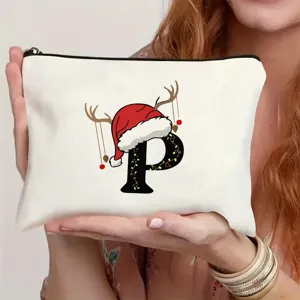 Weihnachts-Anfangsbuchstaben-Leinen-Kosmetiktasche mit süßem Rentiergeweih-Design und Reißverschluss.