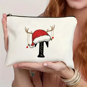 Weihnachtliche Initialen Leinwand Kosmetiktasche mit festlichem Rentiermützen Design Geschenke.