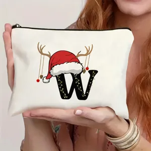 Weihnachten Buchstabe W Leinwand Kosmetiktasche, süße Rentierhut Make-up Tasche für Geschenke.