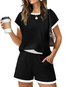 Women Casual Striped Loungewear Set Short Sleeve Top And Shorts Polyester Blend Comfy Sleepwear Outfit