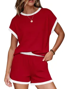 Women Summer Casual Two Piece Set Red White Short Sleeve Top and Shorts Loungewear Outfit