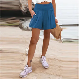 Donna vita alta elastica pantaloncini casual tinta unita larghi gamba larga spiaggia