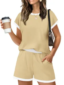 Women Casual Summer Two Piece Set Crew Neck Short Sleeve Top and Shorts Loungewear
