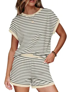 Women Striped Short Sleeve Top and Shorts Loungewear Set Summer Casual Two Piece Outfit