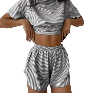 Damen gestricktes gestreiftes Kurzarm-Oberteil und Shorts Hausanzug Pyjama Set neu.