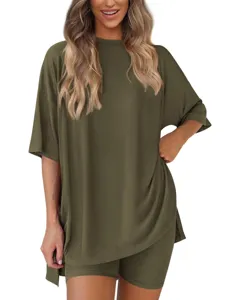 Casual loose short sleeve top and shorts two piece set in solid army green, comfortable knit.