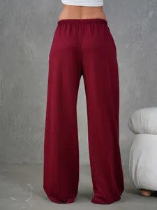 Dames casual wijde broek losse hoge taille trekkoord yoga broek effen kleur mooi.