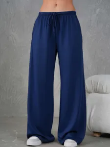 Casual wijde lounge broek detailweergave, comfortabele trekkoorden taille voor dagelijks gebruik.