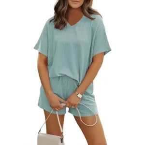 Γυναικείο Καλοκαιρινό Casual Σετ Δύο Κομματιών V-Neck Κοντομάνικο Top και Matching Shorts Solid Color Ribbed Knit