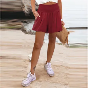Pantaloncini donna vita alta elastici tinta unita gamba larga casual estate mare