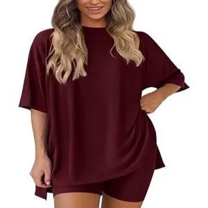 Women's Casual Oversized Short Sleeve Top And Bottom Solid Color Polyester Summer Loungewear