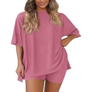 Women casual two piece set solid color loose short sleeve top and shorts loungewear