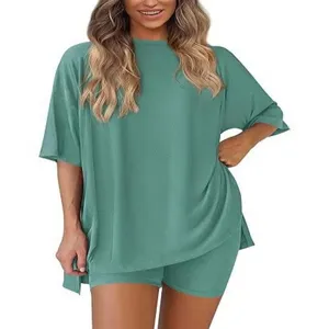 Casual solid short sleeve shorts two piece set for women summer loose fashion outfit