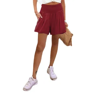 Pantaloncini donna vita alta elastica tinta unita gamba larga casual estate