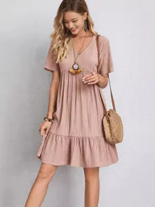 Summer casual loose short sleeve v-neck solid color tiered mini dress for women daily wear