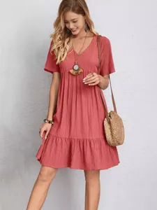 Summer casual short sleeve V-neck tiered mini dress for women loose fit chic elegant outfit
