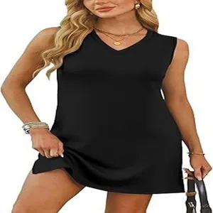 Women casual V-neck sleeveless solid color black mini tank dress summer clothing