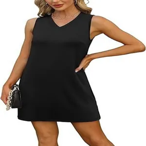 Women sleeveless v neck solid color casual mini tank dress summer basic black party dress